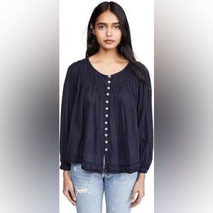 We The Free Navy Button-Front Peasant Blouse